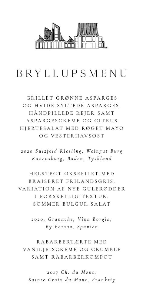 
                Til invitationen findes også matchende bordkort, menukort, takkekort m.m.                